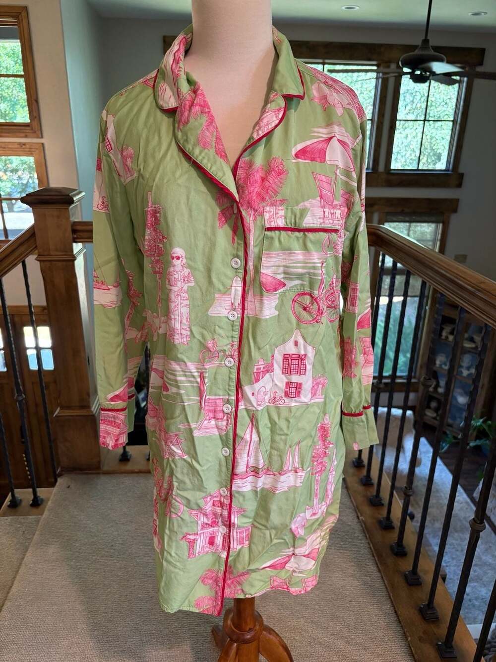 Katie Kime Florida Toile Button Down Sleep Shirt in Green and Pink M